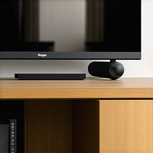 A soundbar decoupled from a wooden surface using high-density foam pads to reduce vibration.