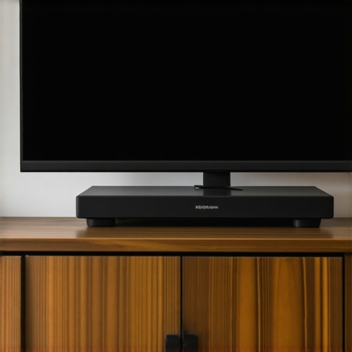 A close-up of a soundbar resting on black foam isolation wedges to prevent vibration on a wooden stand.