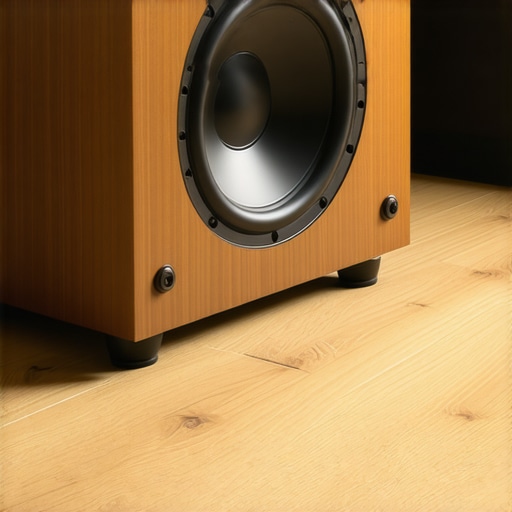 A subwoofer decoupled from a hardwood floor using a specialized isolation pad.