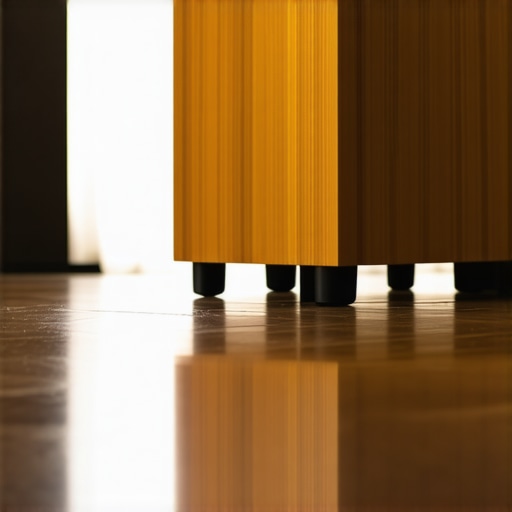 Close-up of a subwoofer cabinet raised off a hardwood floor using specialized elastomer decoupling feet to prevent room rattle.