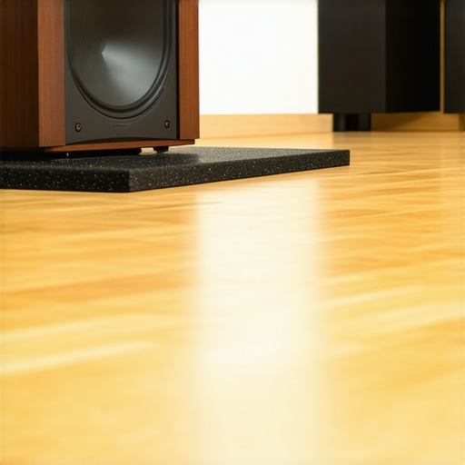 A premium subwoofer sitting on a black decoupling foam pad on a hardwood floor