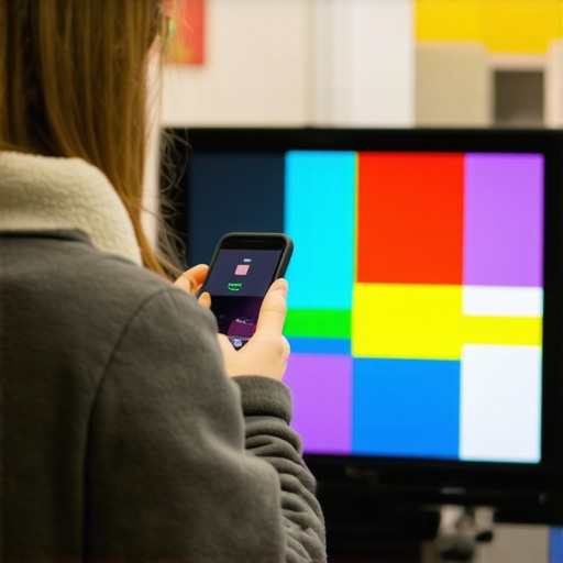 A person testing a used TV screen for dead pixels and motion blur in a thrift store setting.