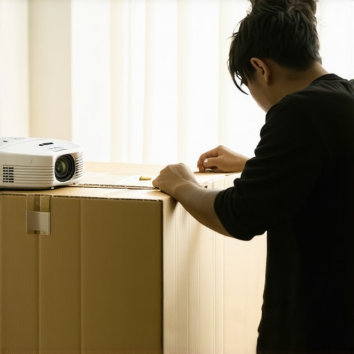 Testing projector throw distance with a cardboard box A man positioning a projector on a cardboard box to find the correct throw distance for a home cinema.