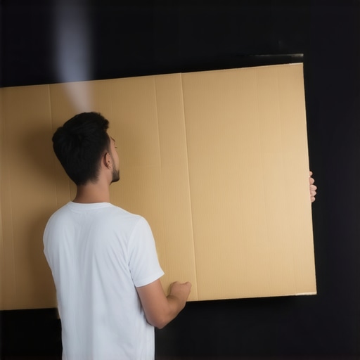 Man using a cardboard box to test projector image size and throw distance in a living room.
