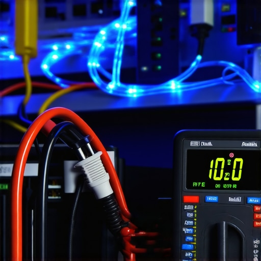 Testing voltage on home cinema gear Digital multimeter checking a home theater power setup