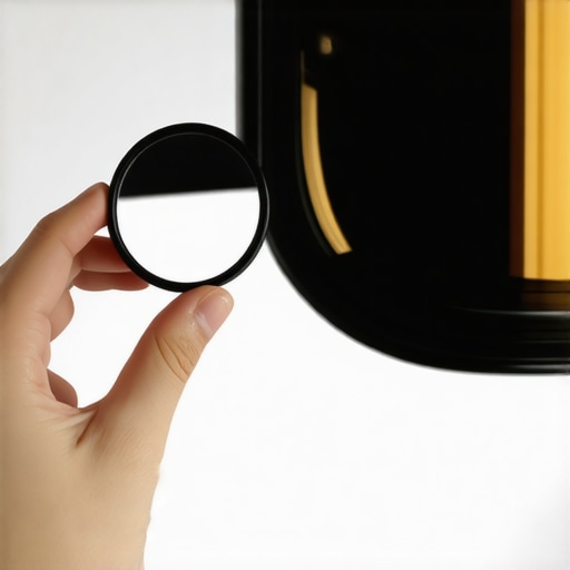A person using a mirror to check a projector lens for dust and fingerprints.