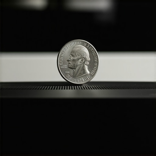The Speaker Coin Stability Test A silver nickel balanced on its edge on top of a black speaker to test for vibrations.