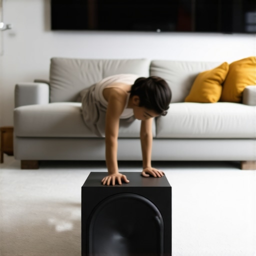 The Subwoofer Crawl Method A person crawling on a living room floor to find the best acoustic spot for a subwoofer placement.