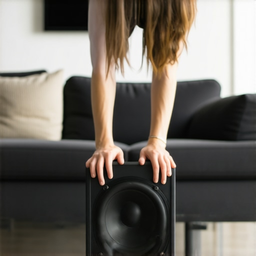 The Subwoofer Crawl Technique for Better Bass A person performing the subwoofer crawl in a home cinema to optimize speaker placement.