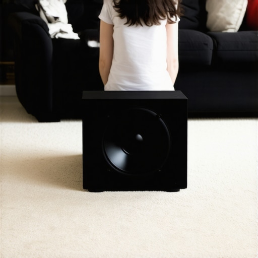 A home theater enthusiast performing a subwoofer crawl to find optimal bass placement in a living room.
