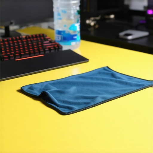 Microfiber cloths and cleaning supplies next to an organized computer desk setup