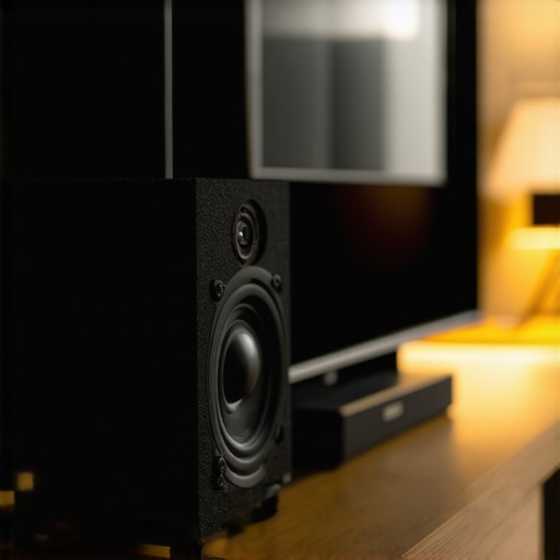 Tilted Center Channel Speaker for Better Dialogue Close-up of a center channel speaker tilted upward toward the listener