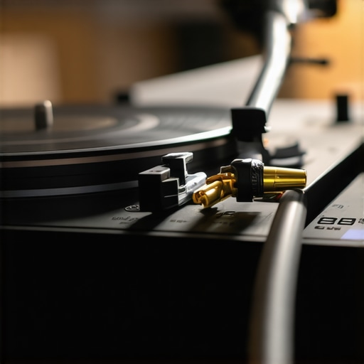 Close up of a turntable preamp switch and RCA connections