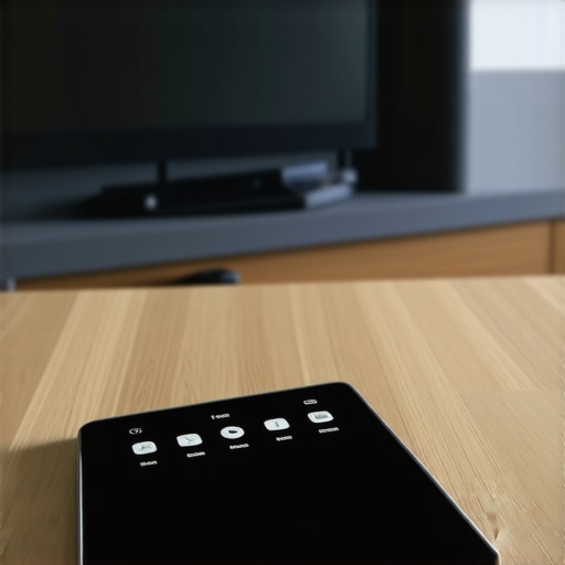 Unified Tablet Control for Home Cinema A tablet configured as a universal home theater remote on a coffee table in a dark room.
