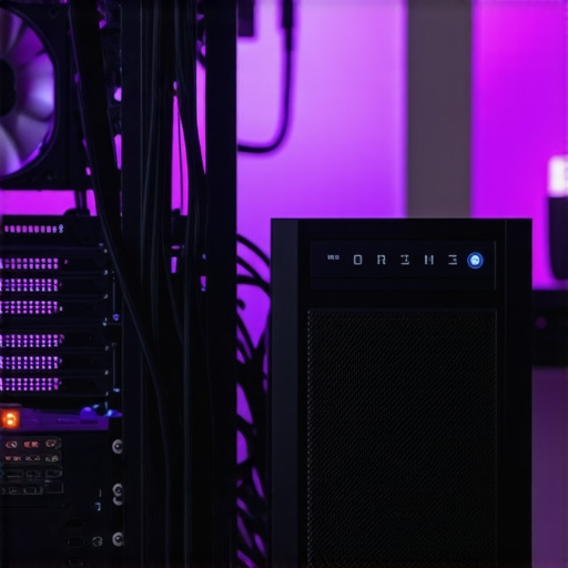 Uninterruptible Power Supply for Gaming Stability A black UPS unit providing clean power to a gaming monitor and PC setup to prevent screen flickering.