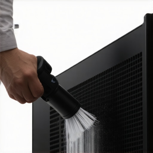 Using a vacuum brush on TV vents A person cleaning the back vents of a TV with a vacuum brush to remove internal dust.