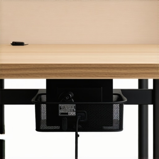 Ventilated monitor power brick mounting Under desk wire mesh basket holding a monitor power adapter for better airflow